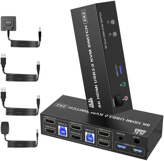 Vszerda 8K 60Hz USB3.0 Dual Monitor HDMI KVM Switch 2Port HDMI KVM Switch for 2Monitors 2Computers with USB3.0 Ports Extended Display Switcher with Audio Microphone PC Monitor Keyboard Mouse Switch