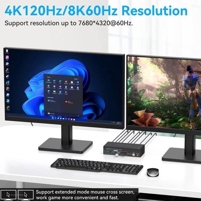 Vszerda 8K Dual Monitor HDMI DP KVM Switch 8K 60Hz USB HDMI DisplayPort Extended Display Switcher For 2 Computers Share 2 Monitors And 4 USB 3.0 Hub Desktop Controller And USB HDMI Cables Included