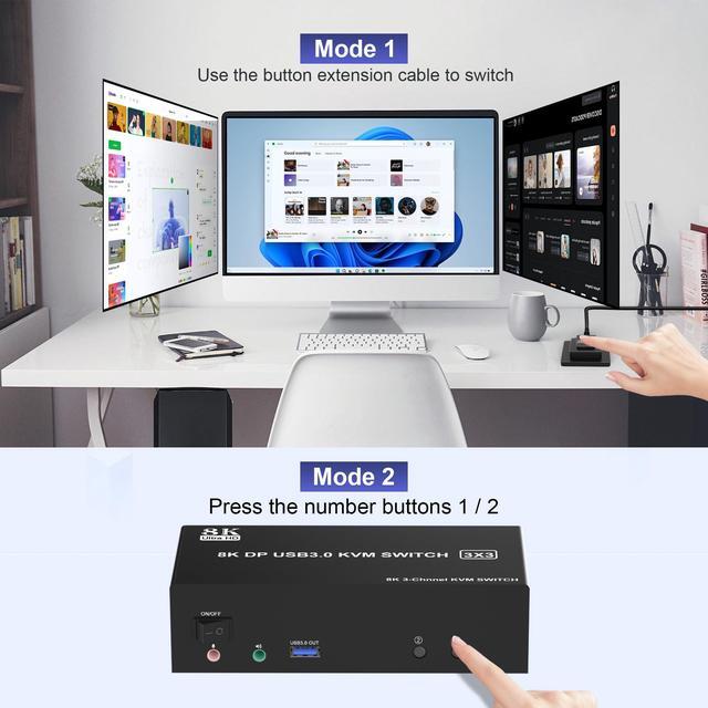 Vszerda 8K60Hz Displayport KVM Switch USB 3.0 Triple Monitor For 2 Computer KVM Switch 3 Monitors 2 Computers With Audio And 3 USB 3.0 Ports 8K Displayport KVM Triple Monitor Keyboard Mouse Switcher