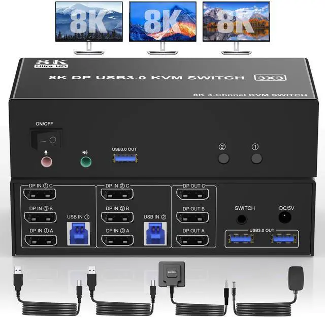 Vszerda 8K60Hz Displayport KVM Switch USB 3.0 Triple Monitor for 2 Computer KVM Switch 3 Monitors 2 Computers with Audio and 3 USB 3.0 Ports 8K Displayport KVM Triple Monitor Keyboard Mouse Switcher