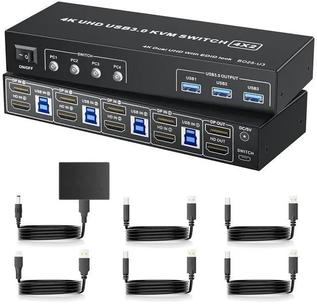 Vszerda DisplayPort KVM Switch Box for 4 Computers Share 2 Monitors DP KVM Switch with 3 USB 3.0 Ports Support 4K 60Hz Copy Extended Splicing Display Button Controller & 4 USB Cables Included