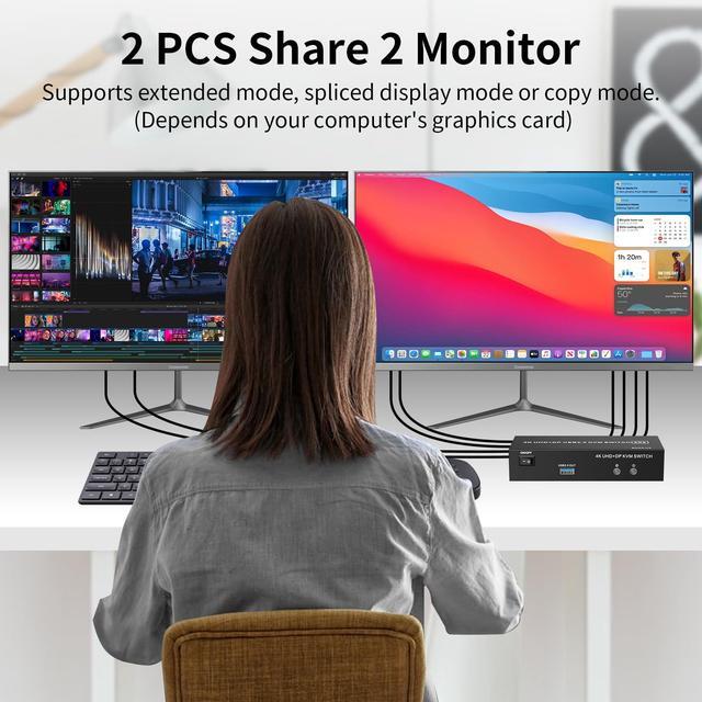 Vszerda Dual Monitor HDMI + DisplayPort KVM Switch 2 Monitors 2 Computers With 3 USB 3.0 Ports Support 4K 60Hz Copy Extended Splicing Display Wired Extension Button & 2 USB Cables Included