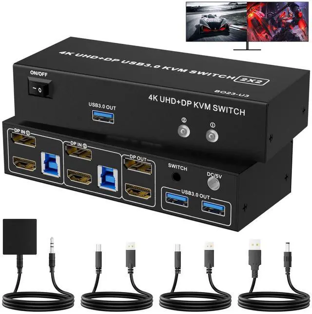 Vszerda Dual Monitor HDMI + DisplayPort KVM Switch 2 Monitors 2 Computers with 3 USB 3.0 Ports Support 4K 60Hz Copy Extended Splicing Display Wired Extension Button & 2 USB Cables Included