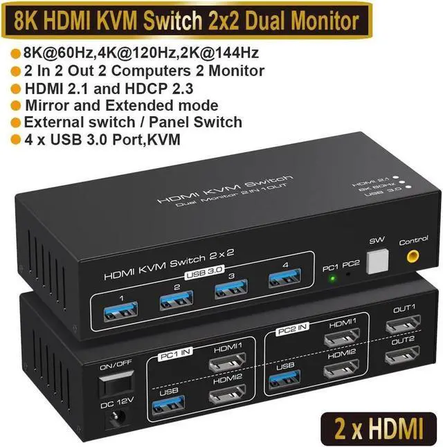 Vszerda Dual Monitor HDMI KVM Switch 2 in 2 Out 2 Port 4K 120Hz 8K 60Hz HDMI USB KVM Switcher for 2 Computers 2 Monitors with 4X USB 3.0 Ports Support Windows MacOS Linux Unix (2 Port HDMI)