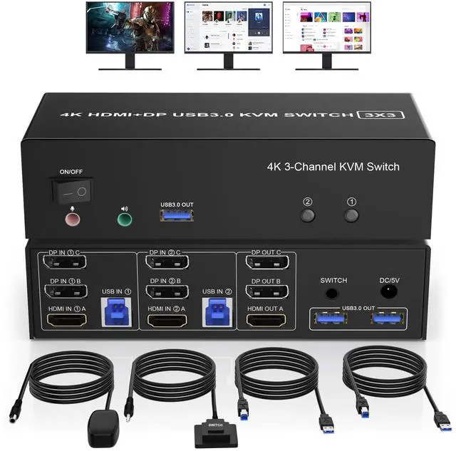 Vszerda HDMI + 2 Displayport 3 Monitor KVM Switch USB 3.0 for 2 Computers 4K 60Hz Triple Monitor KVM Switch with Audio and 3 USB 3.0 Ports 2 Computers Share 3 Monitors Keyboard Mouse Switcher