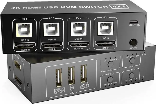 Vszerda HDMI KVM Switch 4 Port HDMI USB Switch 4 In 1 Out KVM Switch Box 4K 60Hz for 4 PC Computers Share Monitor Keyboard And Mouse With 4 USB Cables 1 Switch Cable 1 Power Cable