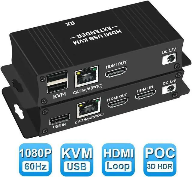 Vszerda HDMI KVM USB Extender Over IP Over Ethernet 1080p HD Video Over Cat5e/6 Ethernet Cable 60m (196ft) for Mouse and Keyboard Control Remote Signals