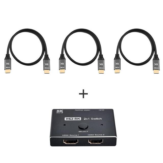 Vszerda HDMI Ultra-HD Converter 8K 60hz Compatible 2.1 Switch 2-IN-1-OUT UHD Hub Support HDCP SST Extended 4K 60hz With 3 HDMI 2.1 Cables