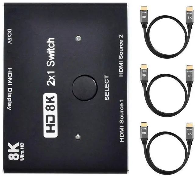Vszerda HDMI Ultra-HD Converter 8K 60hz Compatible 2.1 Switch 2-IN-1-OUT UHD Hub Support HDCP SST Extended 4K 60hz with 3 HDMI 2.1 Cables