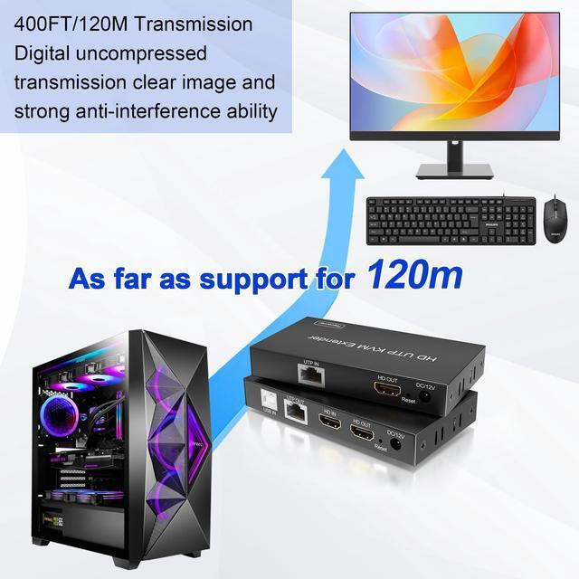 Vszerda HDMI USB KVM Extender TCP/IP Over Cat5e/6/6a/7 Up To 200ft/60M 1080p 60Hz 2 USB2.0 Ports Keyboard And Mouse USB Over Network Zero Latency Plug And Play Supports All Operating System