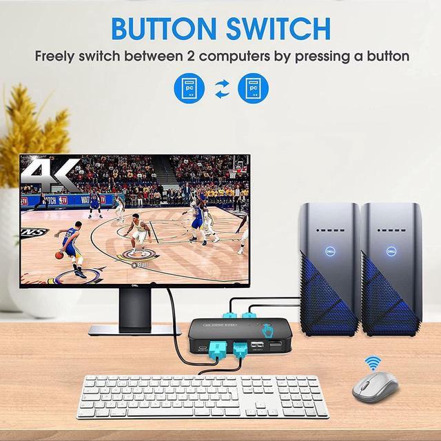 Vszerda KVM Switch HDMI 2 Port Box USB And HDMI Switch For 2 Computers Share Keyboard Mouse Printer And One HD Monitor 4K 30HZ With Wired Controller & KVM Cables
