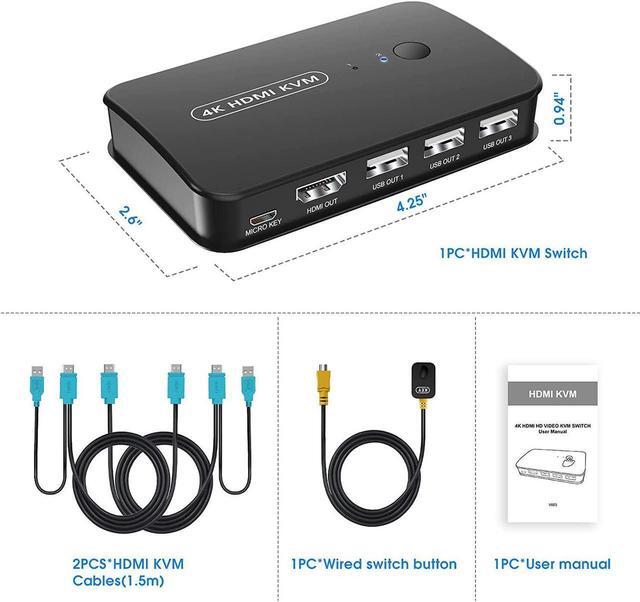Vszerda KVM Switch HDMI 2 Port Box USB And HDMI Switch For 2 Computers Share Keyboard Mouse Printer And One HD Monitor 4K 30HZ With Wired Controller & KVM Cables