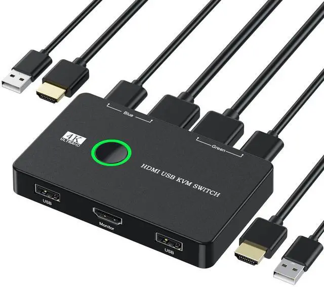 Vszerda KVM Switch USB and HDMI KVM Switches for 2 Computers Sharing Mouse Keyboard Printer to One HD Monitor Supports 4K 60 Hz 2 HDMI Cables and 2 USB Cables Included