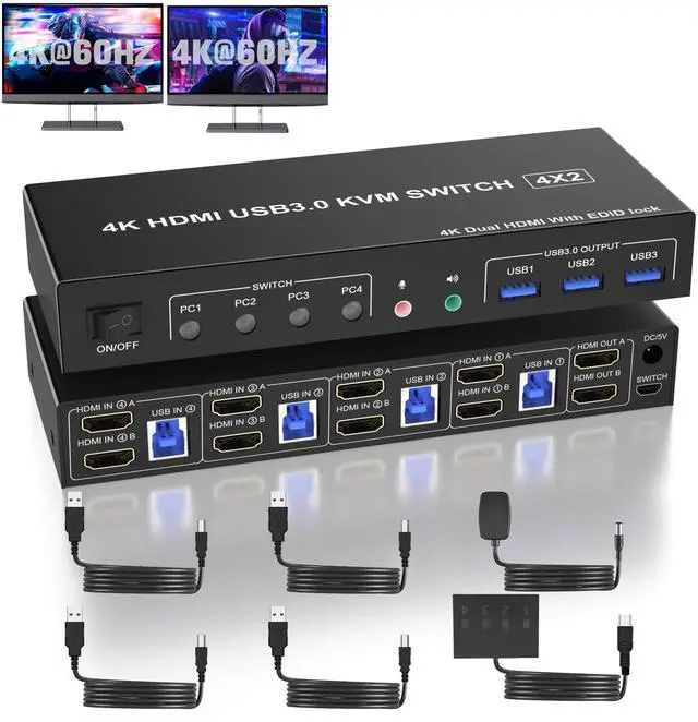 Vszerda USB 3.0 HDMI KVM Switch 2 Monitors 4 Computers Support EDID 4K 60Hz KVM Switch HDMI Dual Monitor 4 PCs with Audio Microphone and 3 USB 3.0 Ports PC Monitor Keyboard Mouse Switcher for 4 PC