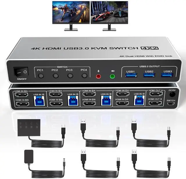 Vszerda USB 3.0 HDMI KVM Switch Dual Monitors 4 Computers Supports EDID 4K 60Hz KVM Switch HDMI 2 Monitor 4 PC with Audio Microphone and 3 USB 3.0 Ports 4 Port Dual HDMI Monitor Switch for 4PC