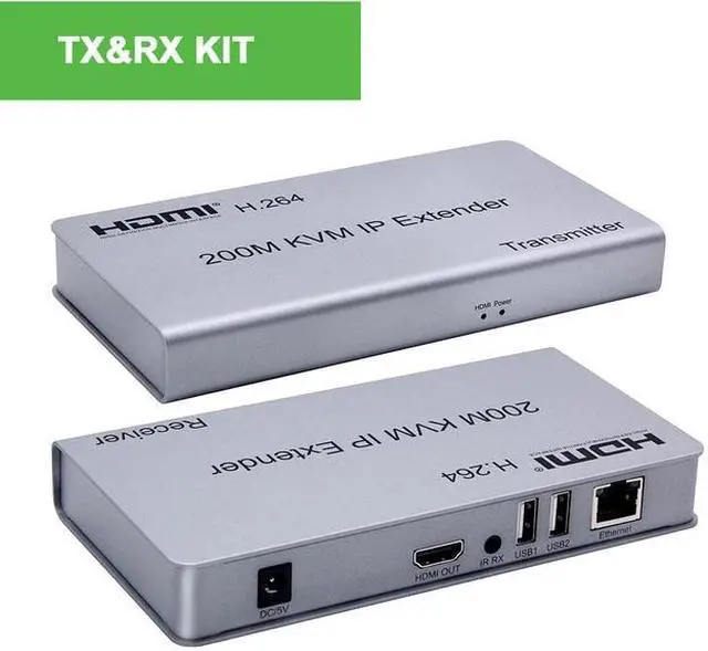 (With UK Plug)(1 TX and 1 RX)HDMI KVM Extender over IP Cat5e/6 200M HDMI USB Extender one to many via Network Switch Support Mouse Keyboard for PC loptop DVR