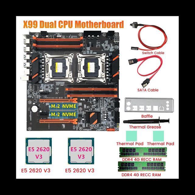 X99 Dual CPU Motherboard+2XE5 2620 V3 CPU+2XDDR4 4G RECC RAM+SATA Cable+Baffle LGA 2011 8XDDR4 Slot Support 2011-V3 CPU