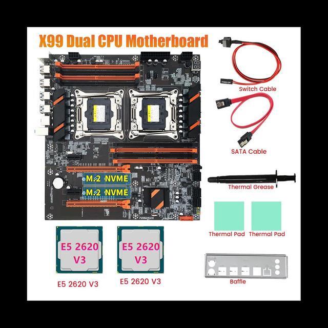 X99 Dual CPU Motherboard+2XE5 2620 V3 CPU+SATA Cable+Baffle+Thermal Grease LGA 2011 8XDDR4 Slot Support 2011-V3 CPU