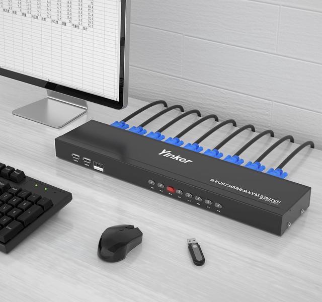 Yinker VGA KVM 8 Port Rackmount Switch + 8 KVM Cables + 4 USB Hubs + Wired Desktop Selector + Rack Mount Ears