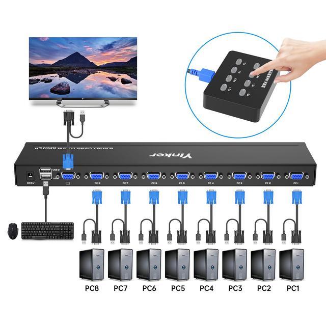 Yinker VGA KVM 8 Port Rackmount Switch + 8 KVM Cables + 4 USB Hubs + Wired Desktop Selector + Rack Mount Ears