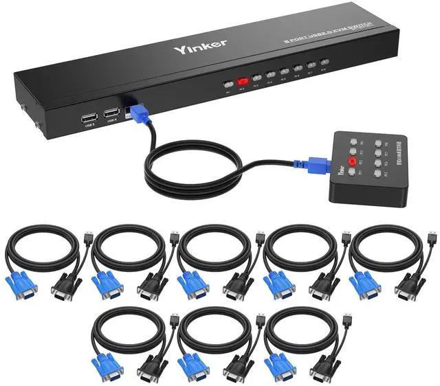 Yinker VGA KVM 8 Port Rackmount Switch + 8 KVM Cables + 4 USB Hubs + Wired Desktop Selector + Rack Mount Ears