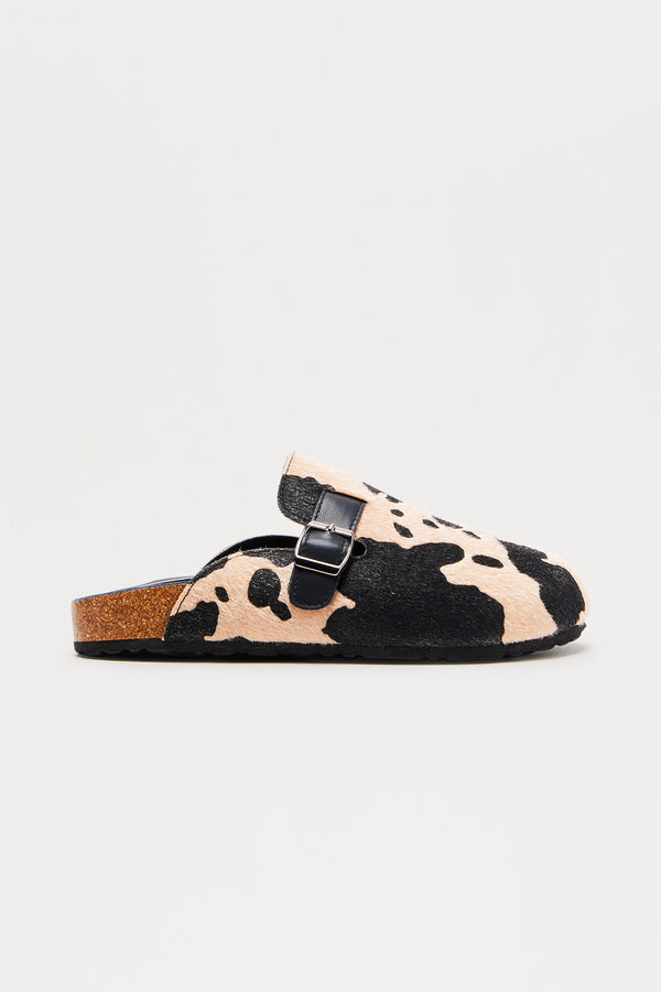 Fashion Nova Acres Buckle Cow Print Slides - Black/combo