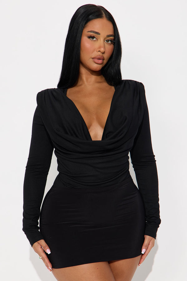 Fashion Nova Adele Cowl Neck Long Sleeve Bodysuit - Black