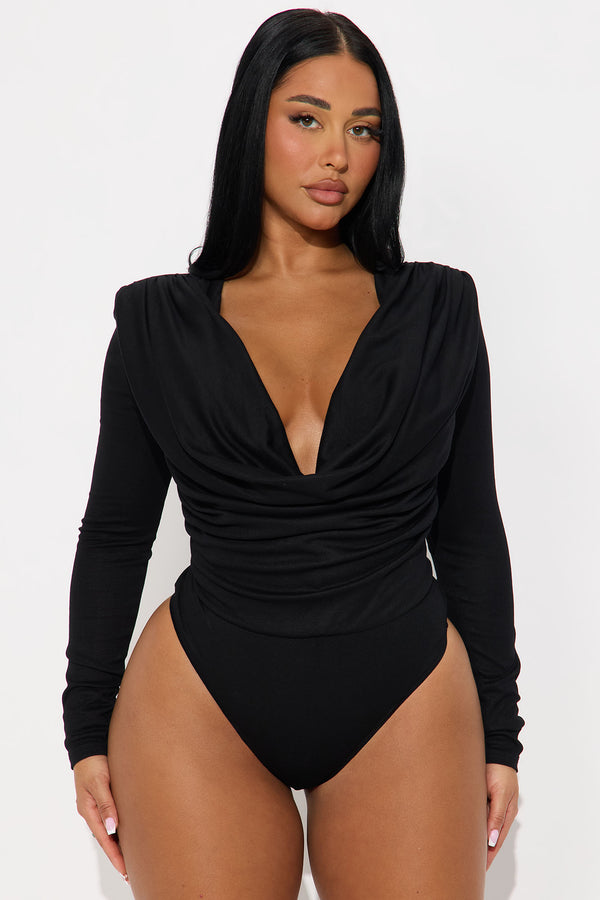 Fashion Nova Adele Cowl Neck Long Sleeve Bodysuit - Black