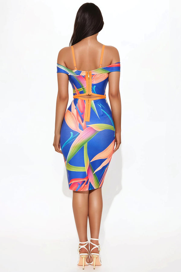 Fashion Nova Alani Tropical Bandage Midi Dress - Royal/combo