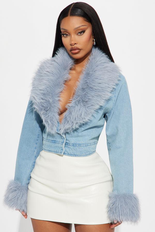 Fashion Nova All For You Faux Fur Cropped Jacket - Light Wash