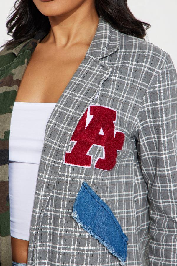 Fashion Nova All Patched Up Long Blazer - Olive/combo