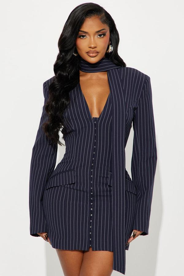 Fashion Nova Aniyah Pinstripe Blazer Mini Dress - Navy/combo