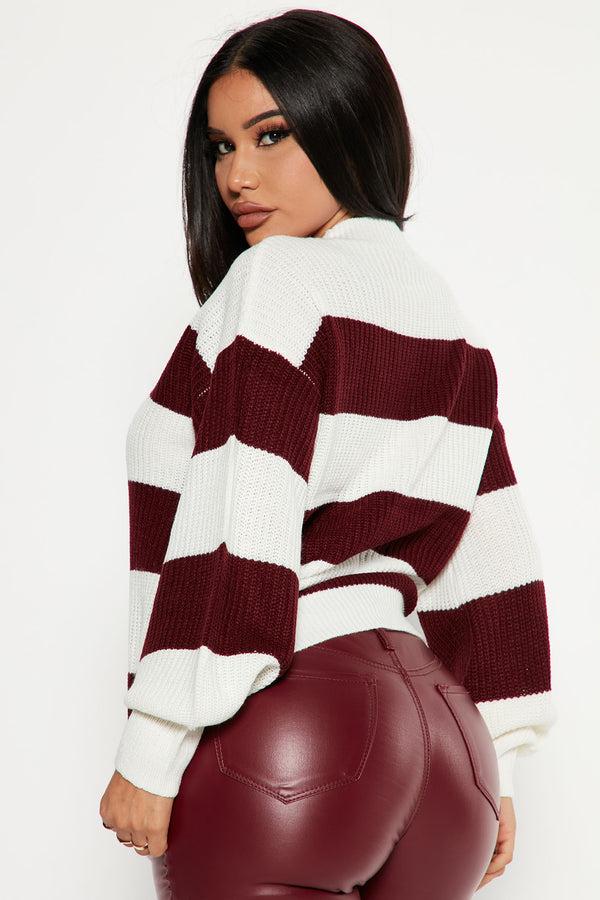 Fashion Nova Autumn Dreams Striped Sweater - Burgundy/combo