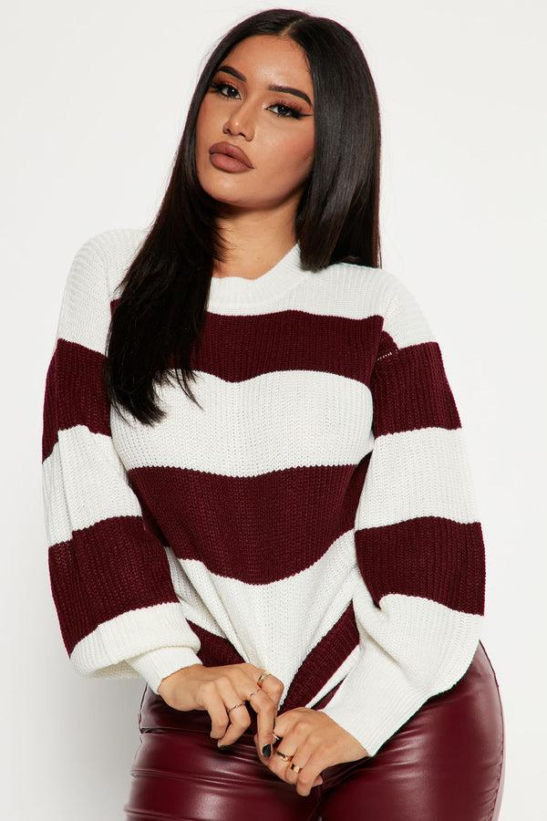 Fashion Nova Autumn Dreams Striped Sweater - Burgundy/combo