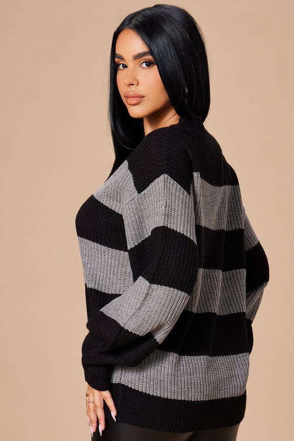 Fashion Nova Autumn Dreams Striped Sweater - Grey/Black