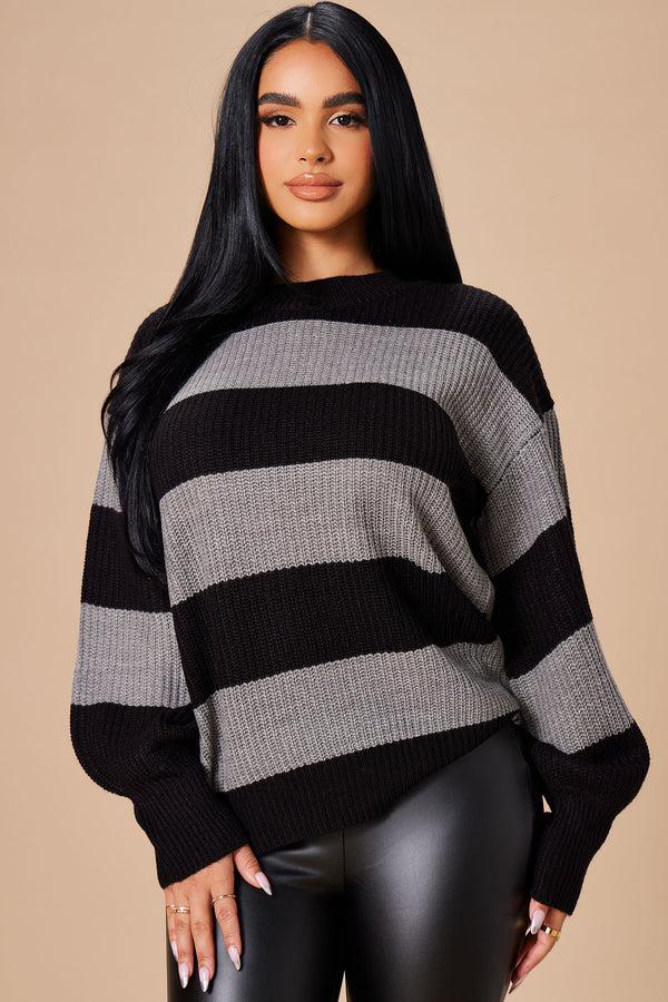 Fashion Nova Autumn Dreams Striped Sweater - Grey/Black