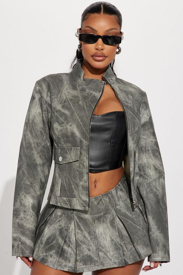 Fashion Nova Babe Alert Faux Leather Jacket - Charcoal/combo