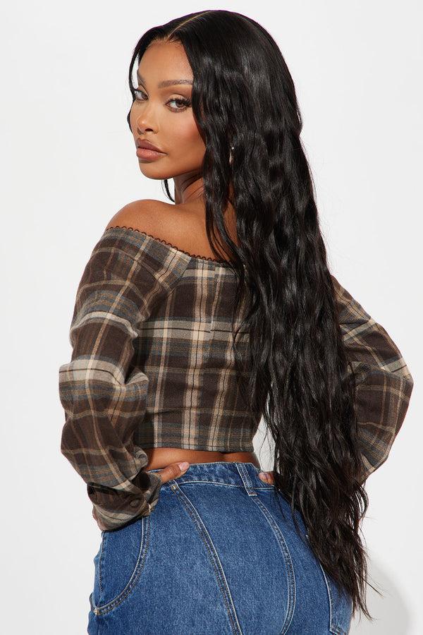 Fashion Nova Beeba Plaid Off Shoulder Top - Brown/combo