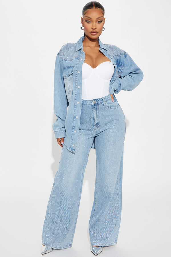 Fashion Nova Better Perspective Embellished Baggy Jeans - Light Wash