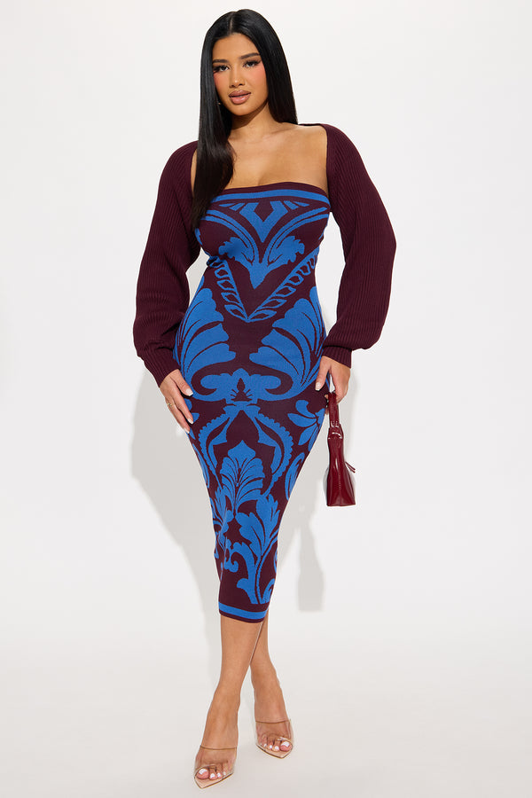 Fashion Nova Bridget Bolero Sweater Midi Dress - Blue/combo