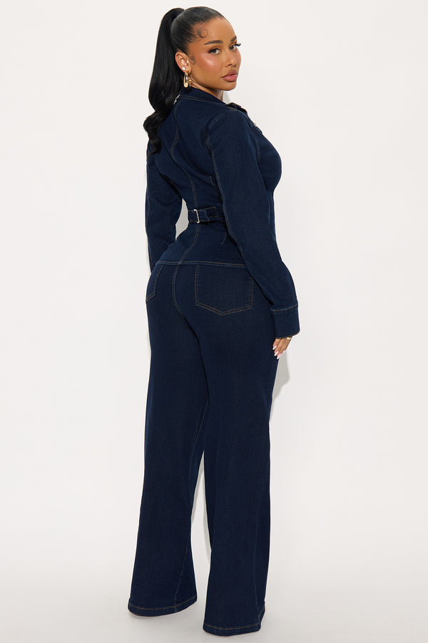 Fashion Nova Brooke Puff Sleeve Jacket Denim Pant Set - Dark Wash