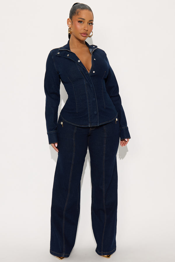 Fashion Nova Brooke Puff Sleeve Jacket Denim Pant Set - Dark Wash