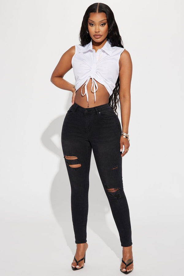 Fashion Nova Calabasas Ripped Mid Rise Stretch Skinny Jeans - Black Wash