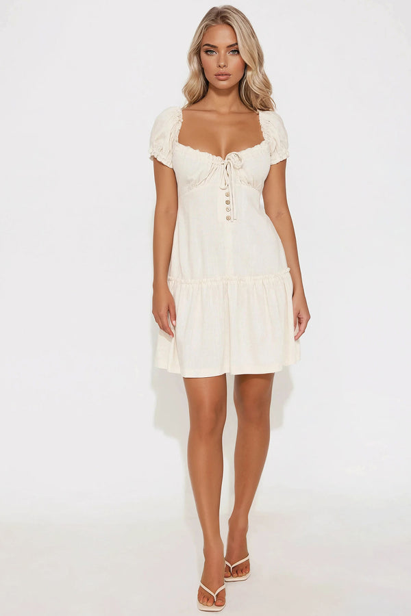 Fashion Nova Callie Linen Short Sleeve Mini Dress - Oatmeal