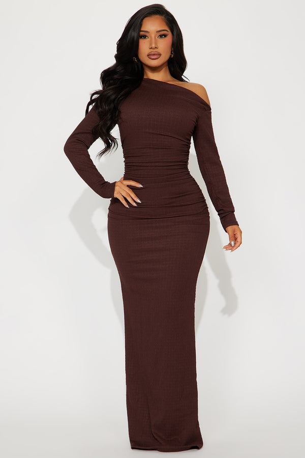 Fashion Nova Carolina Off Shoulder Maxi Dress - Brown