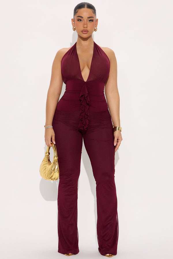 Fashion Nova Caught Feelings Mesh Jumpsuit - Burgundy