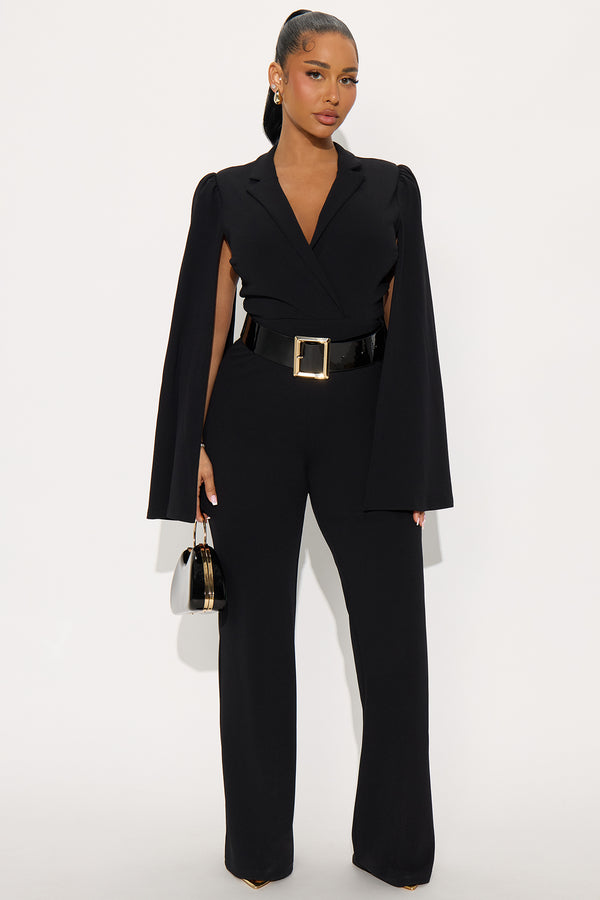 Fashion Nova Ceo Vibes Cape Sleeve Belted Jumpsuit - Black