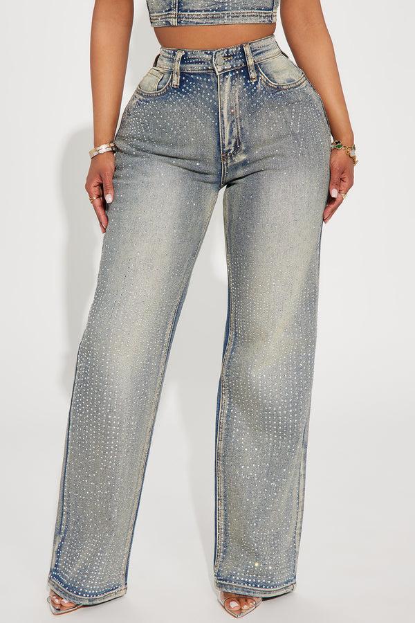 Fashion Nova Chasing A Dream Embellished Stretch Straight Leg Jeans - Vintage Wash