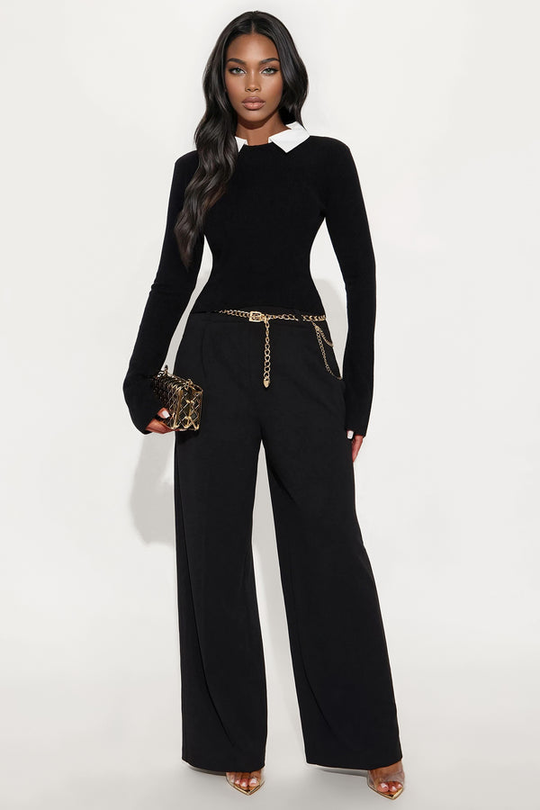 Fashion Nova Chic On The Clock Poplin Collared Sweater Top - Black/White