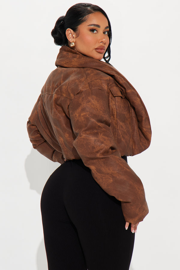 Fashion Nova Cloud Hopping Faux Leather Puffer Jacket - Brown